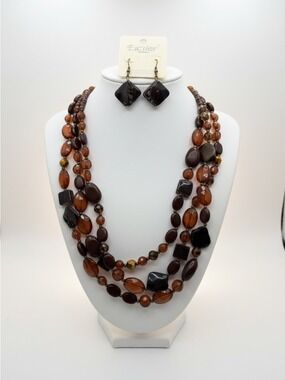 EsMor Brown Amber Multi Strand Beaded Necklace & Earrings Set NWT
